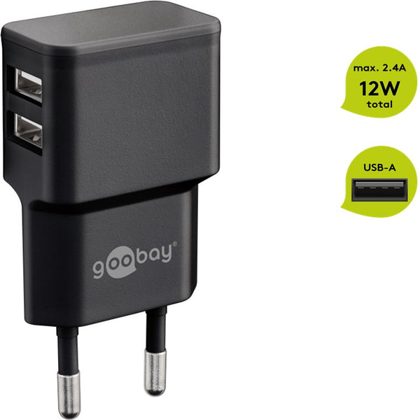 Goobay USB-Ladegerät 44951, 12W, 2,4A, schwarz, 2x USB A, 2 Port