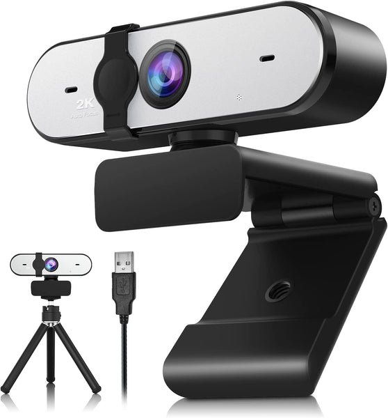 Webcam mit Mikrofon und Stativ, 2K Webcam für PC Laptop Desktop, Webcam USB Plug & Play, USB Computer Kamera für Videoanruf und Aufnahme, Studieren, Web Konferenzen