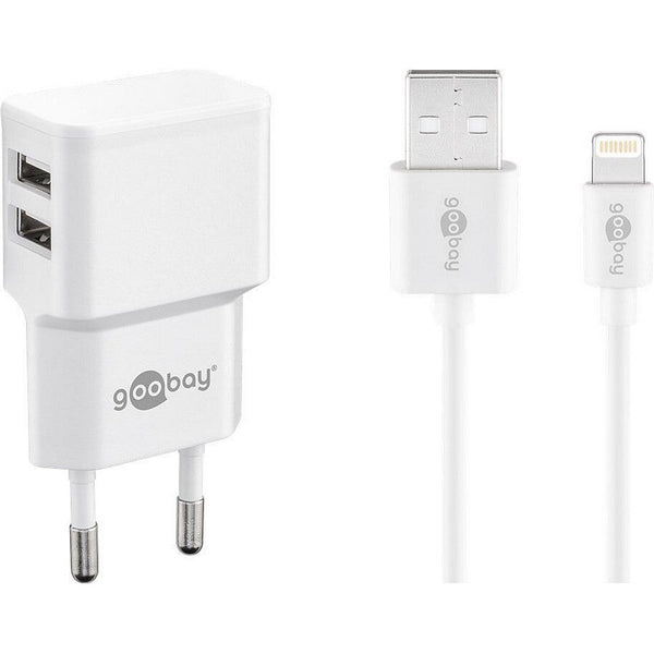 Goobay Ladegerät 230V für APPLE iPhone 11 Pro Max, inkl. Lightning Daten + Ladekabel, 2.4A, 2-teilig, WHITE,